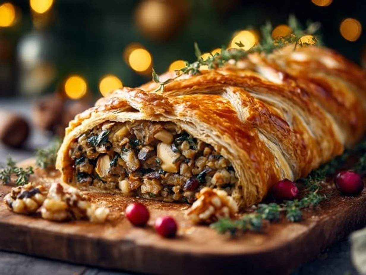 Deliciously prepared Vegetarian Wellington served on a rustic wooden table