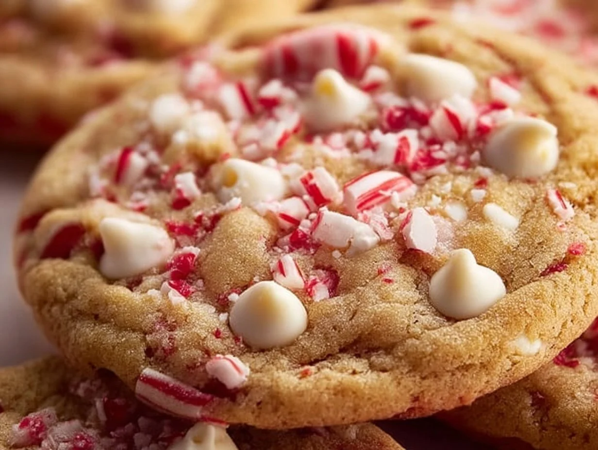 Delicious White Chocolate Candy Cane Cookies on a festive holiday plate