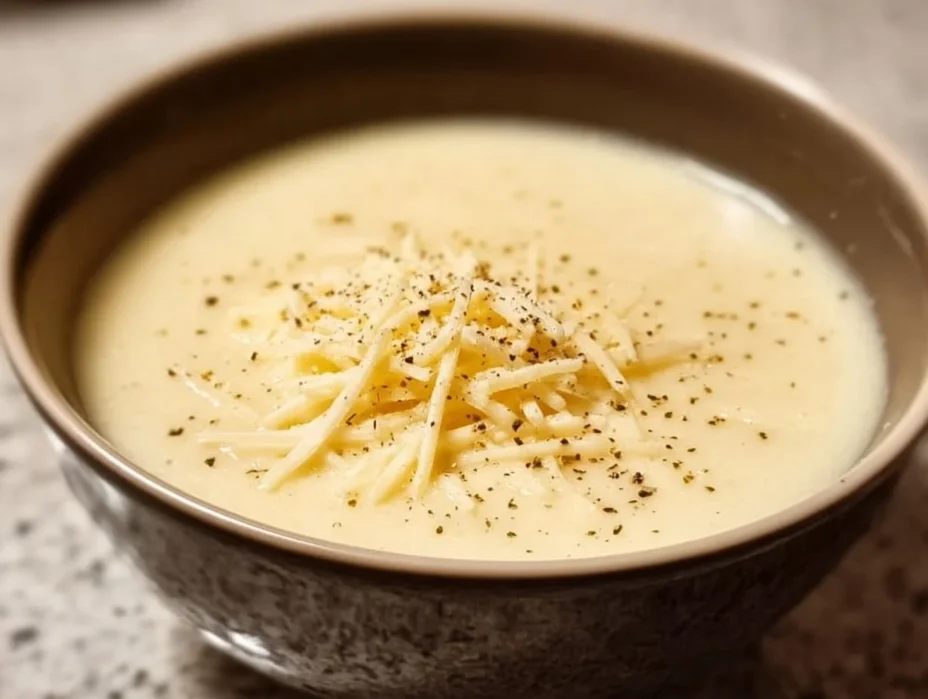 Bowl of Wisconsin cauliflower soup topped with herbs and a drizzle of cream