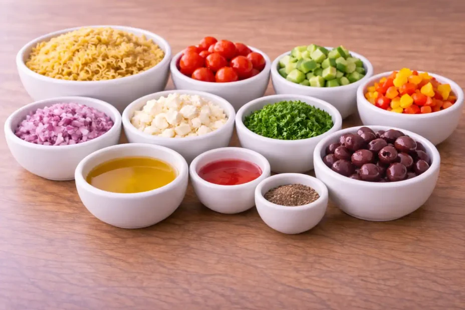 Greek Pasta Salad ingredients