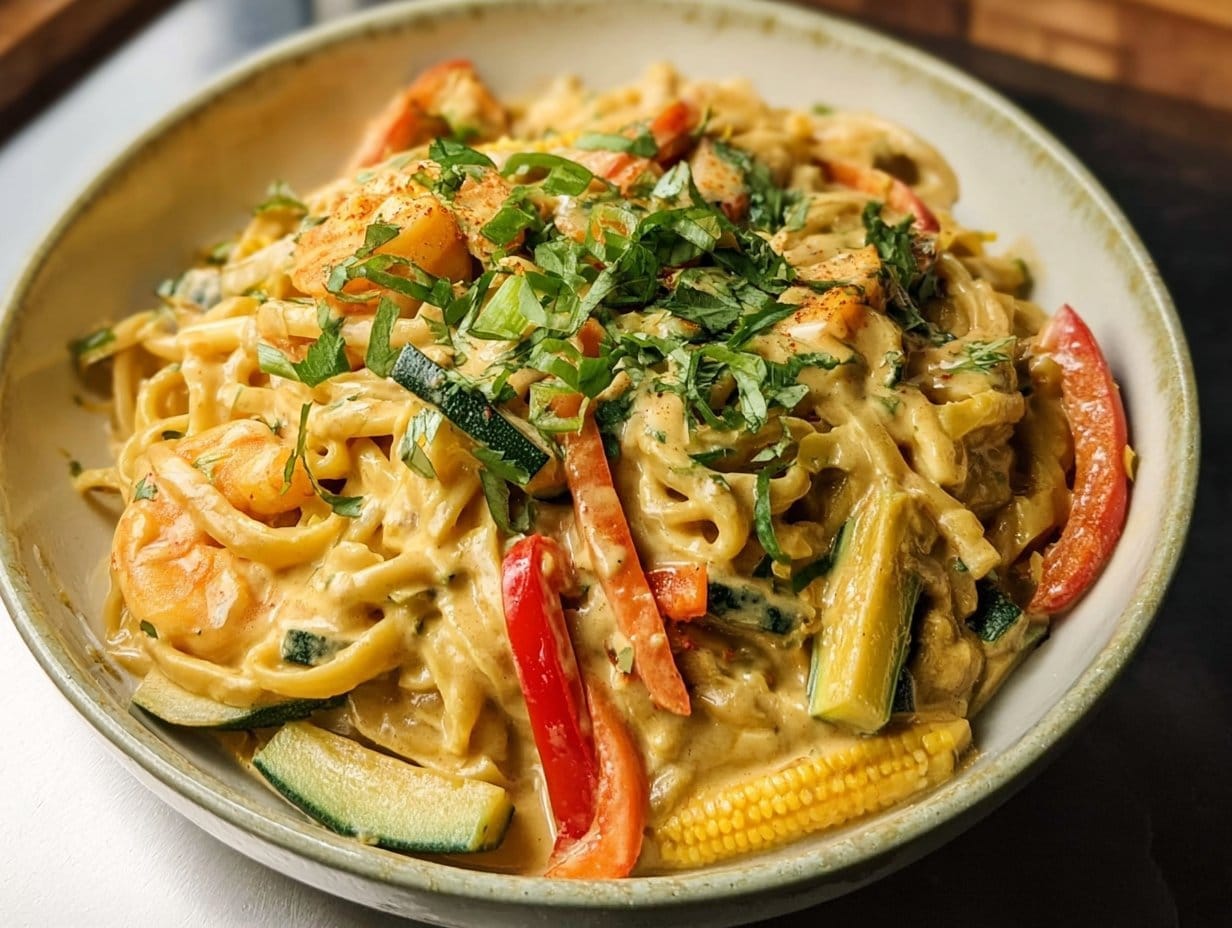 A colorful serving of Thai Curry Pasta Dish, perfect for a flavorful family meal.