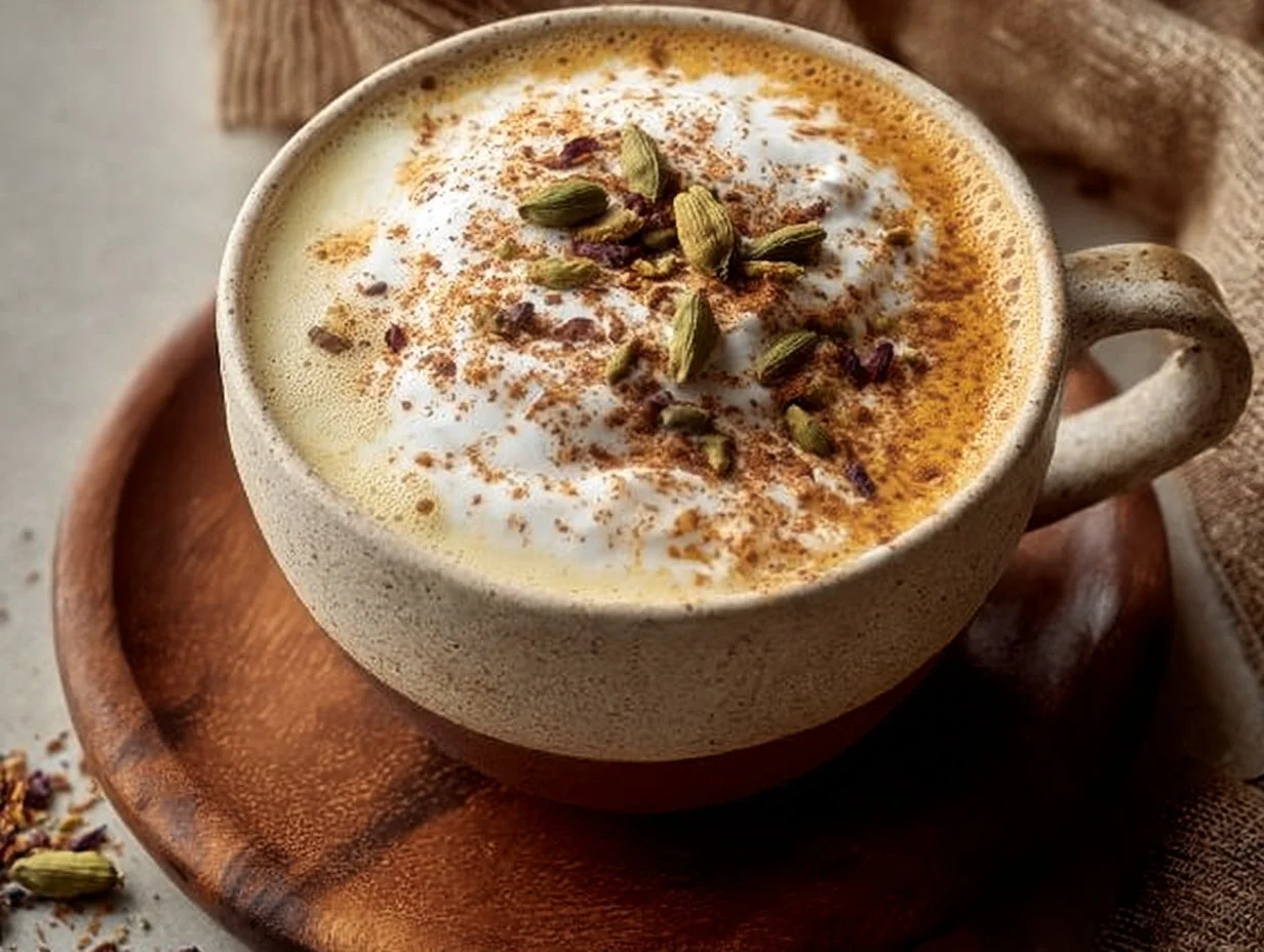Autumn Fog Tea Latte topped with frothy milk and spices.