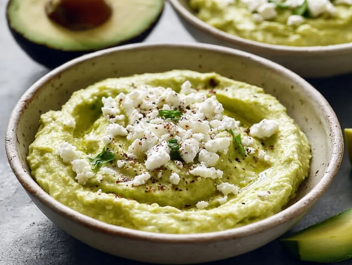 Creamy avocado feta dip served in a bowl with fresh vegetables for dipping