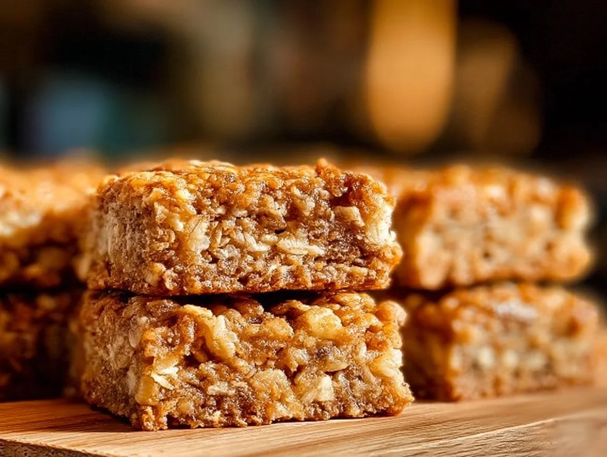 Delicious homemade banana oatmeal bars on a rustic wooden table