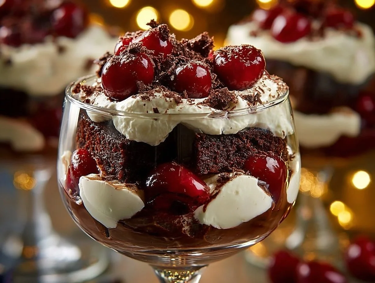 Delicious layered Black Forest Trifle with chocolate and cherries