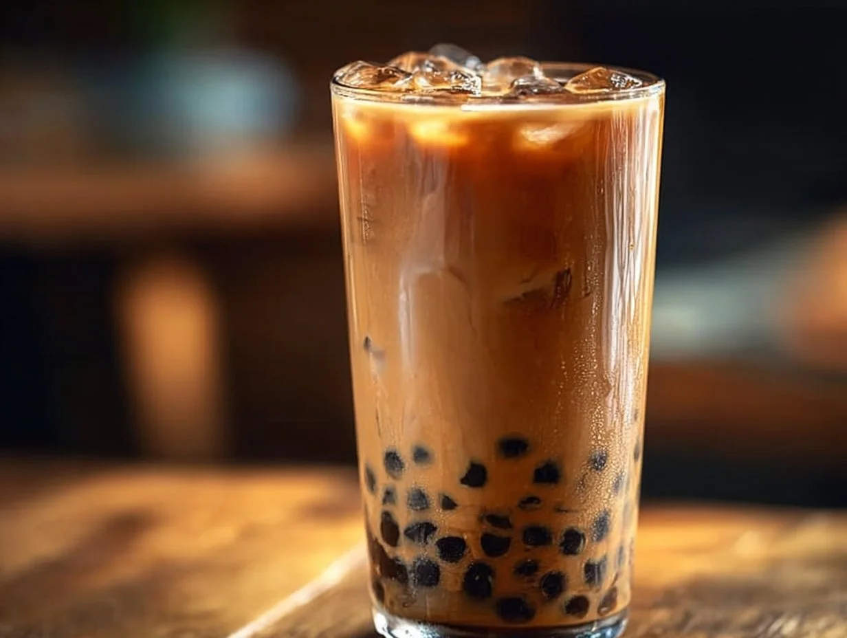 A refreshing cup of boba milk tea with tapioca pearls and colorful toppings.