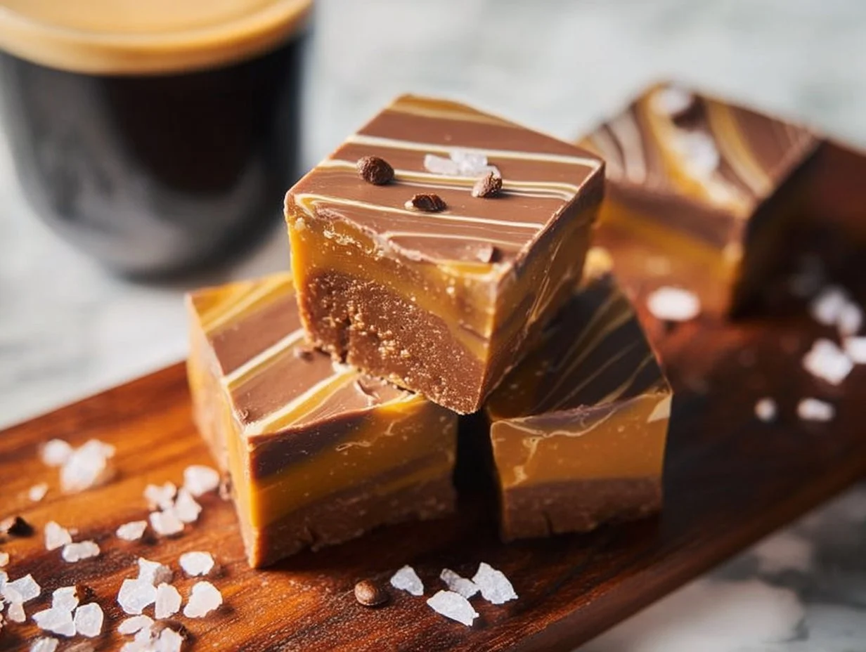 Decadent Caramel Coffee Fudge served on a decorative plate.