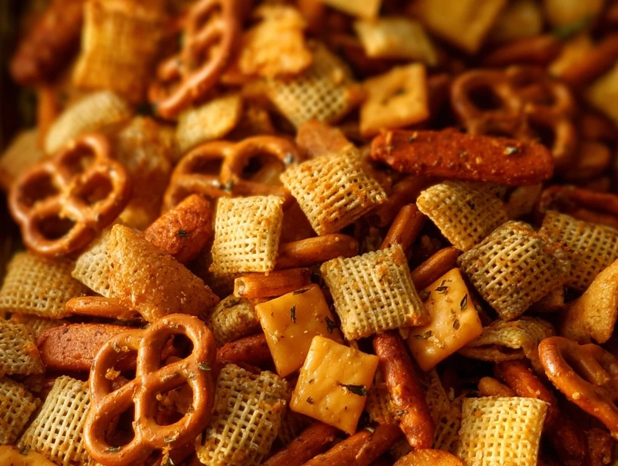 Delicious homemade Cheddar Chex Mix in a bowl, perfect for snacking.
