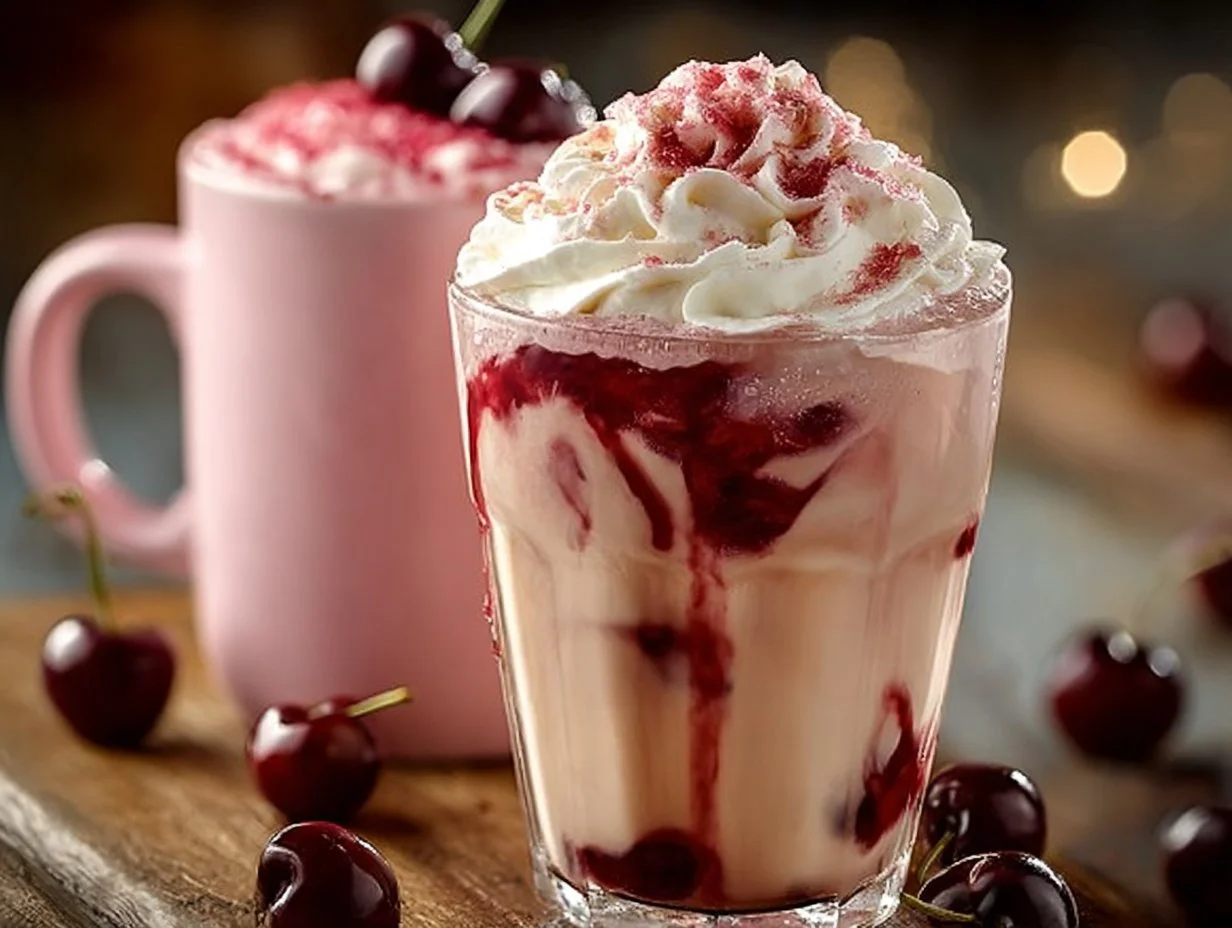 A steaming cup of Cherry Vanilla Tea Latte with a cherry and vanilla infusion.