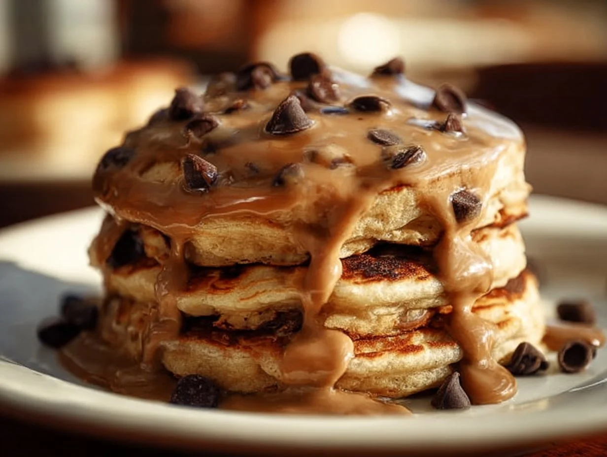 Delicious Chocolate Chip Coffee Pancakes stacked and topped with syrup.