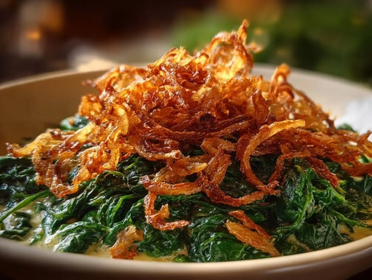 Creamed spinach topped with fried shallots in a serving dish