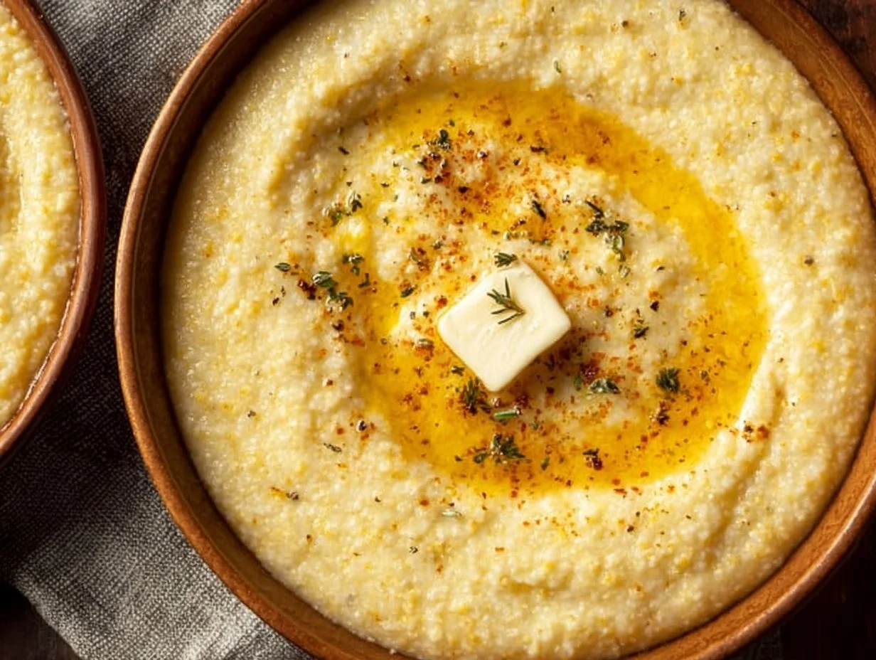 Bowl of creamy grits served with butter and herbs, a Southern comfort food staple.