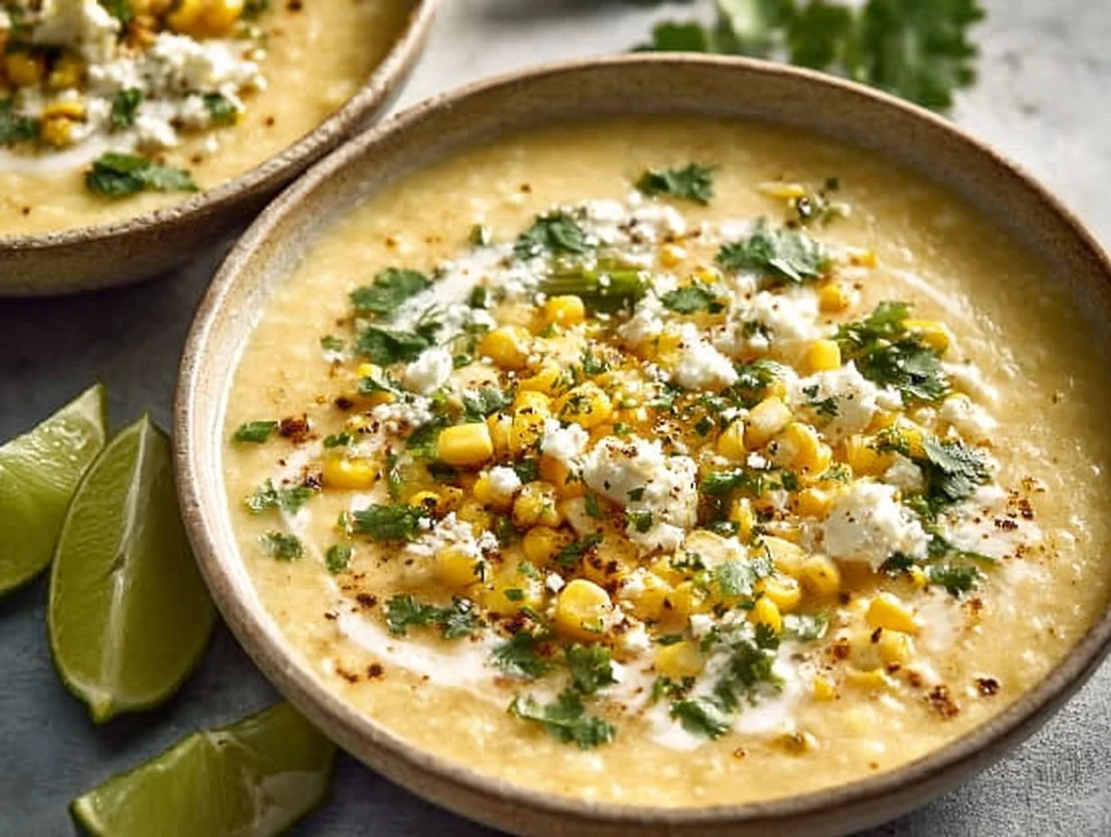 Bowl of creamy Mexican Street Corn Soup garnished with cilantro and lime.