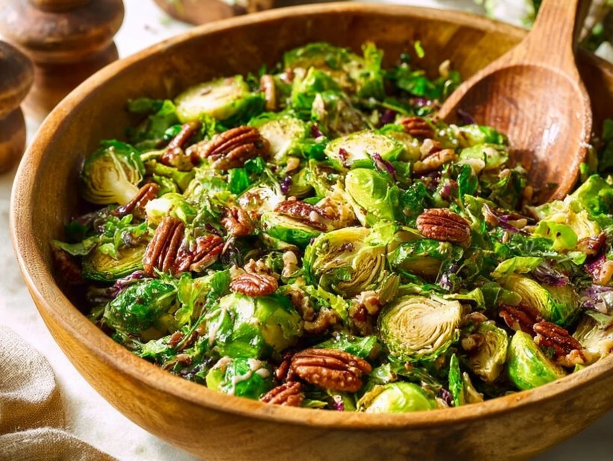 Crispy sautéed Brussels sprouts with pecans served in a bowl