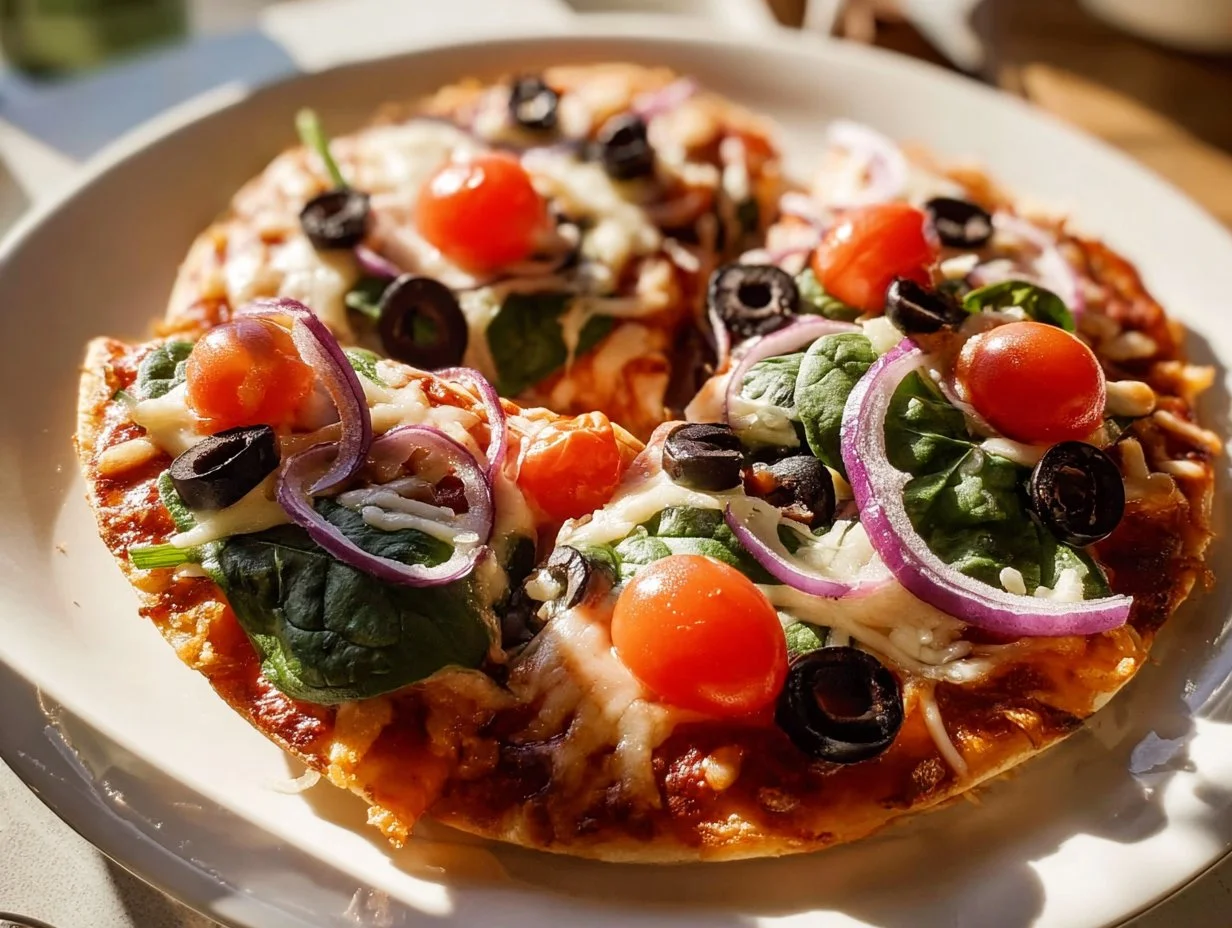 Delicious crispy tortilla pizza topped with fresh ingredients