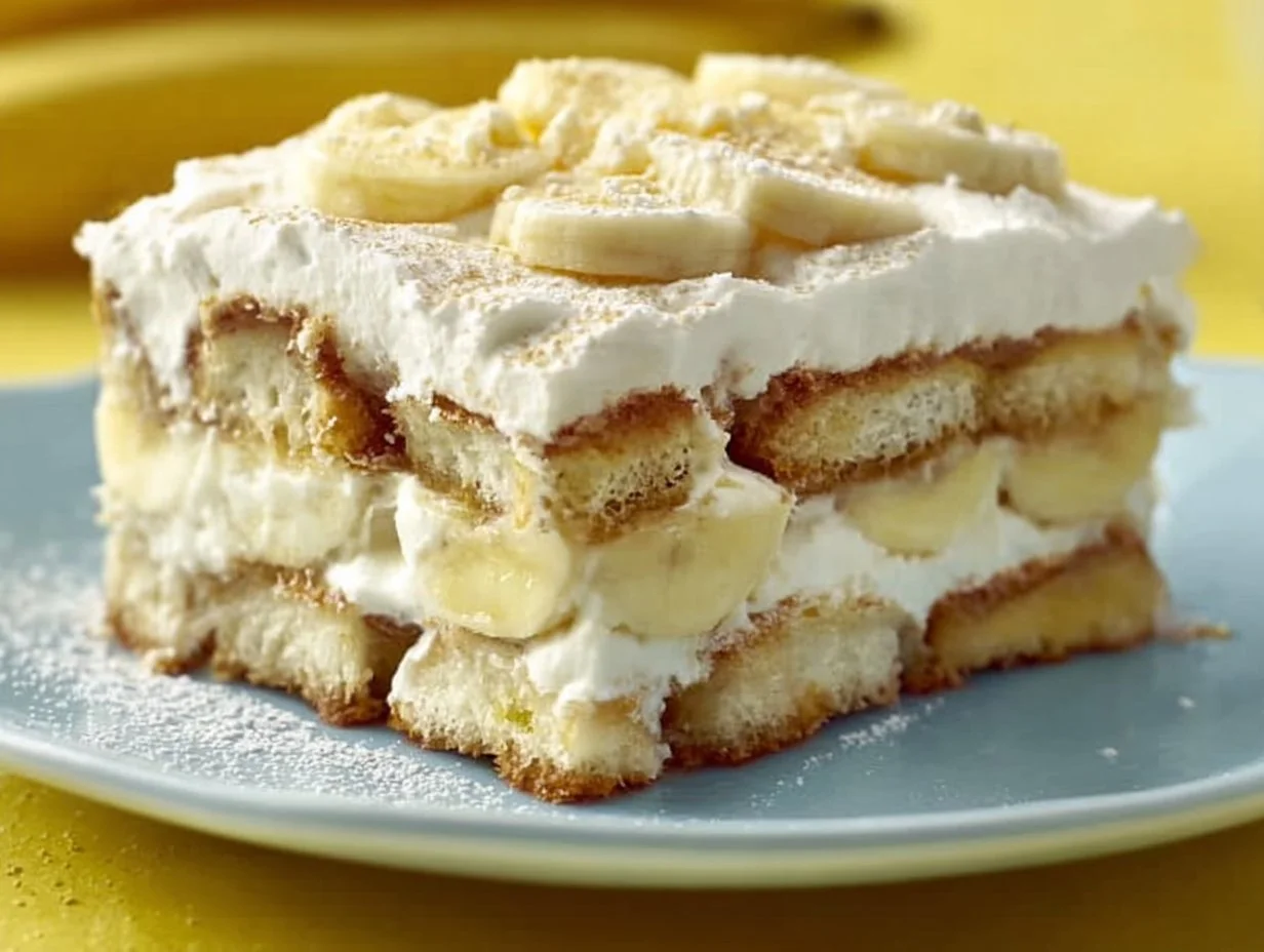 Delicious banana tiramisu layered dessert with bananas and mascarpone cream