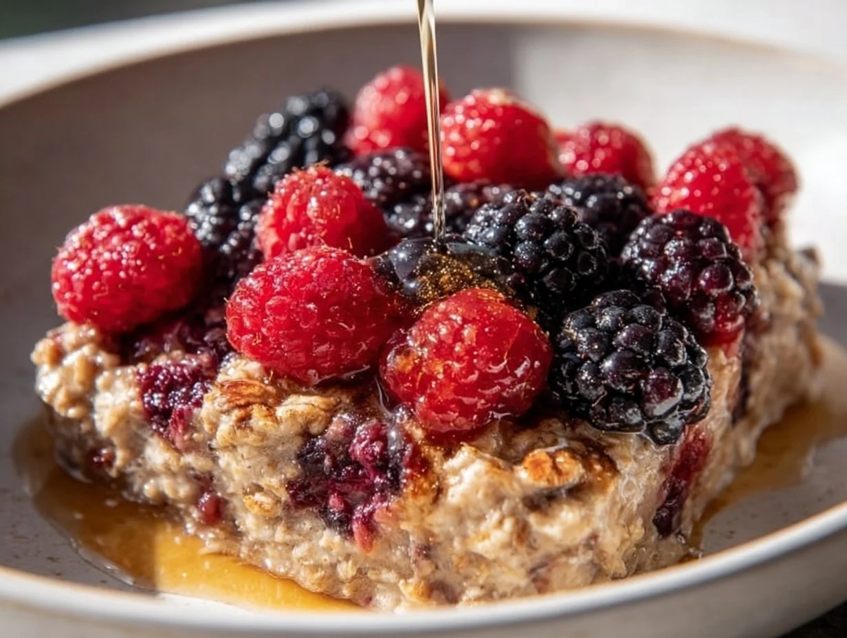 Delicious baked oatmeal casserole topped with fresh fruits and nuts