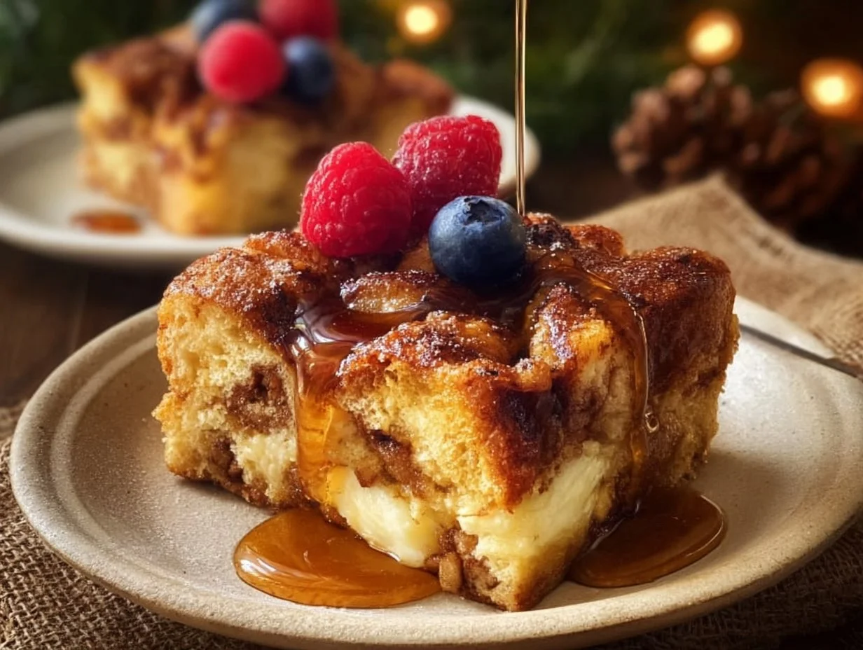 Delicious Eggnog French Toast Bake served with syrup and whipped cream.