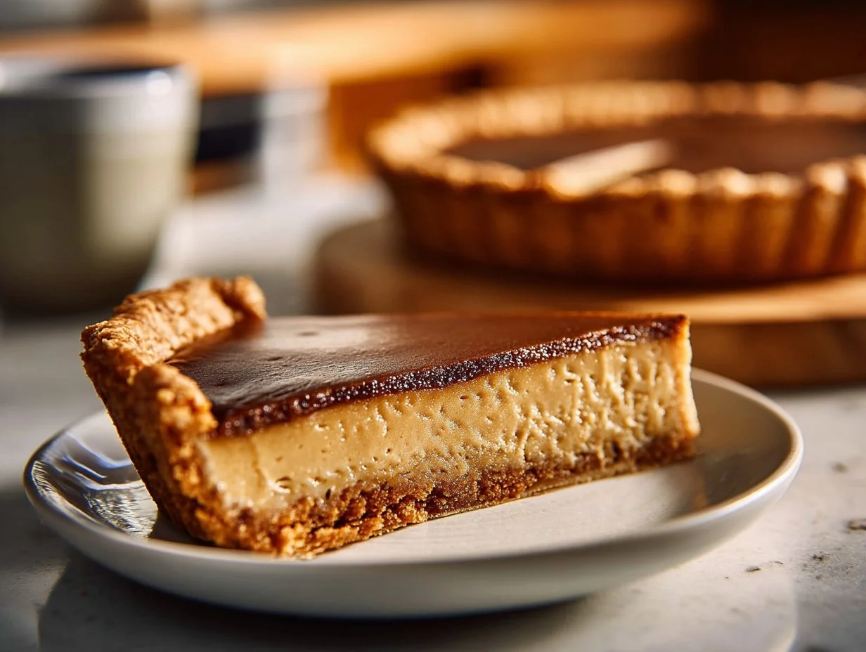 Delicious espresso custard pie topped with rich, smooth custard and served in a graham cracker crust.