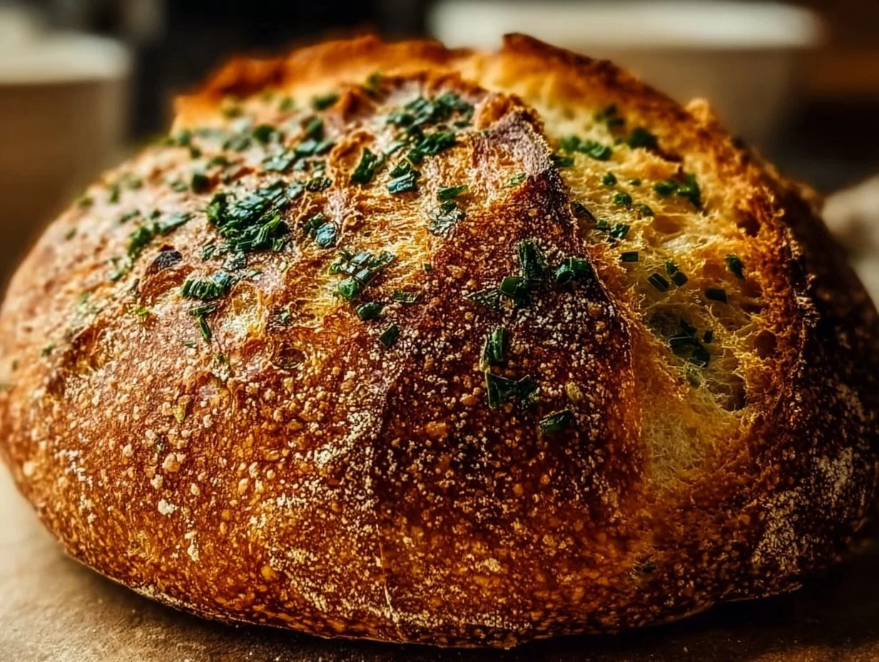 Freshly baked garlic and herb sourdough bread on a wooden cutting board
