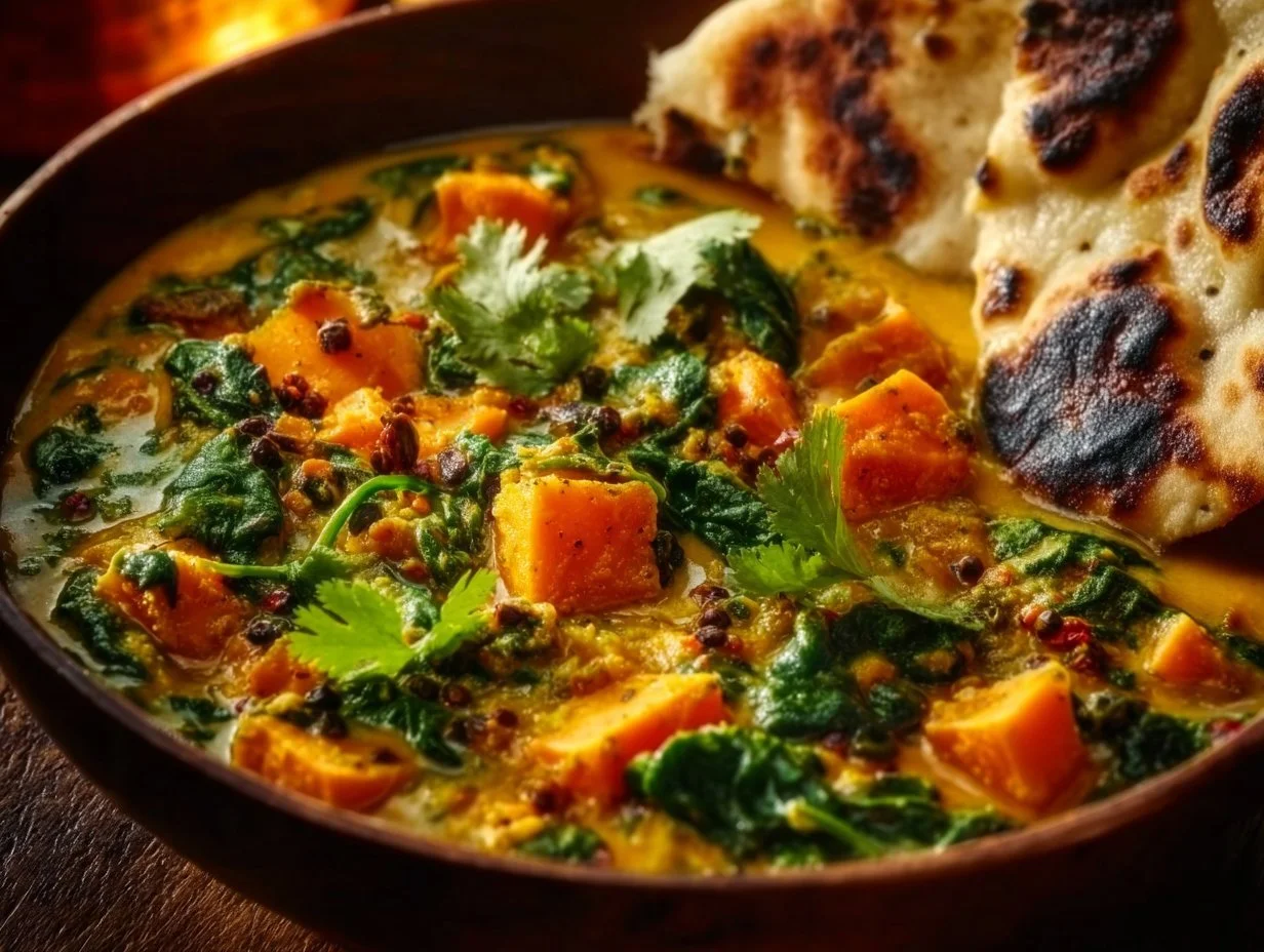 Bowl of ginger sweet potato coconut lentil stew with vibrant vegetables