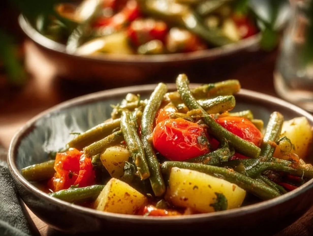 Plate of Greek green beans Fasolakia with tomatoes and herbs