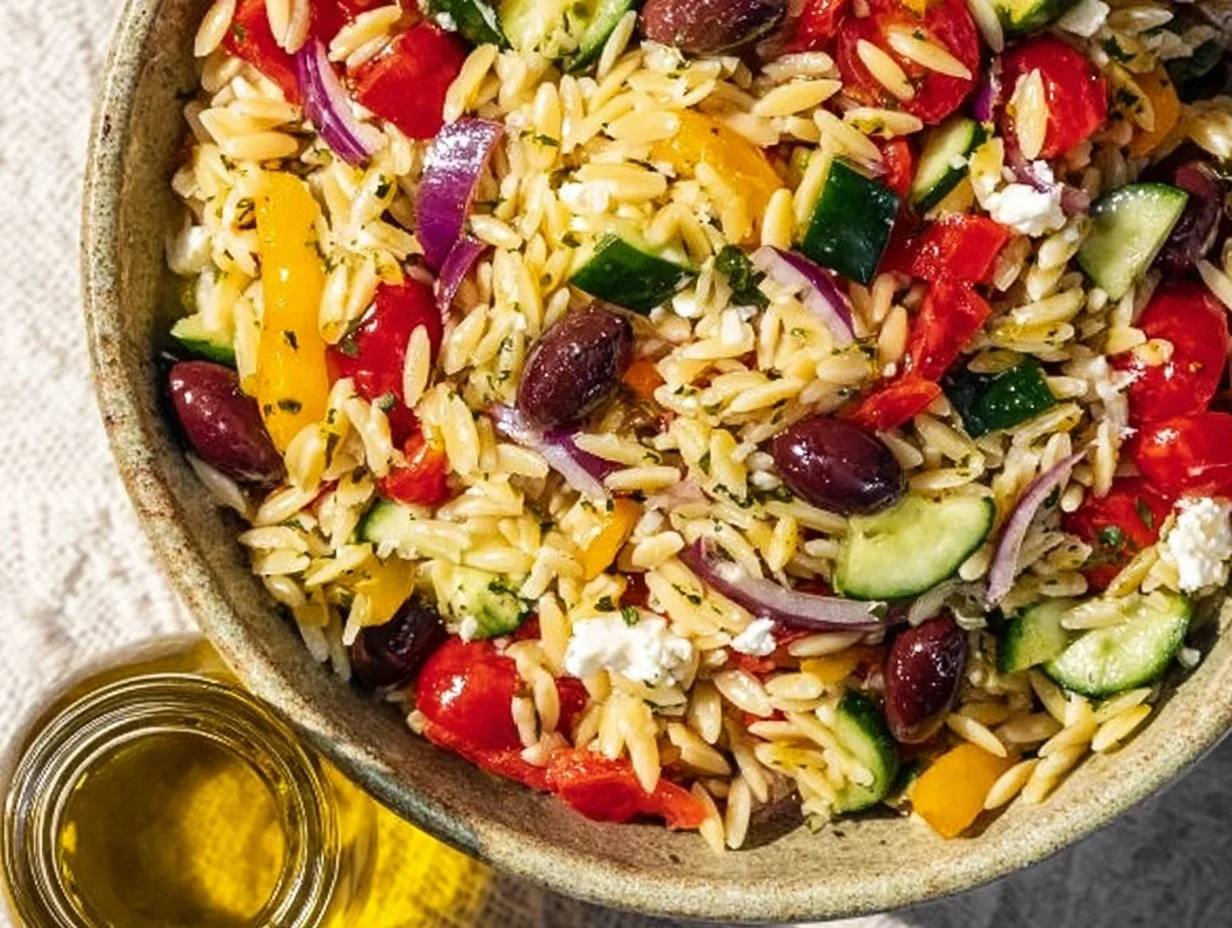 Colorful Greek Pasta Salad with vegetables and feta cheese in a bowl.