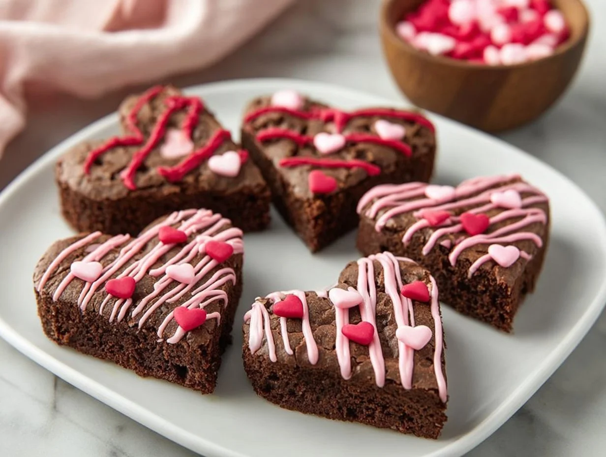 Heart shaped brownies decorated with chocolate and served on a plate