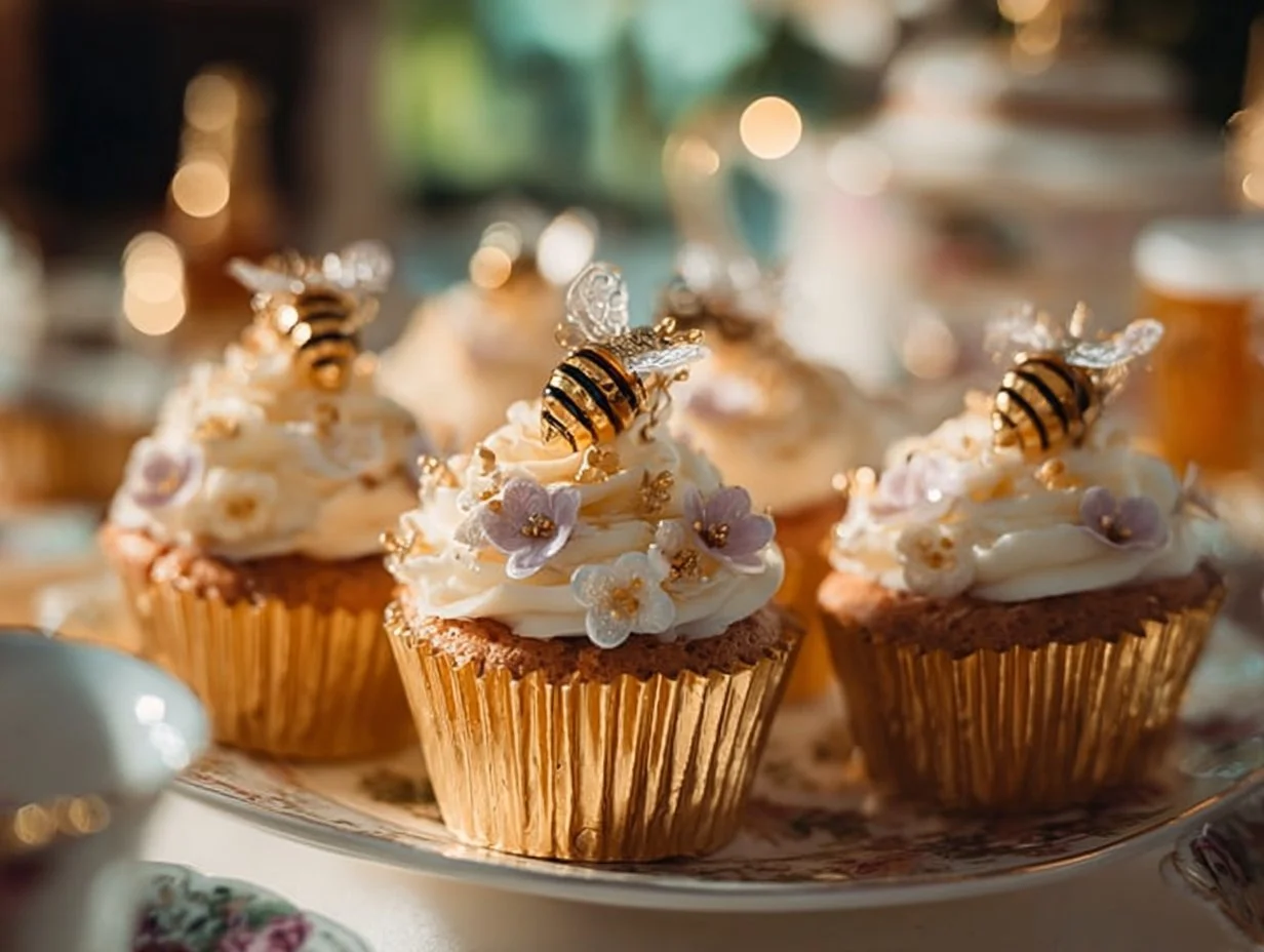 Delicious honey bee cupcakes with decorative honeycomb and bee designs