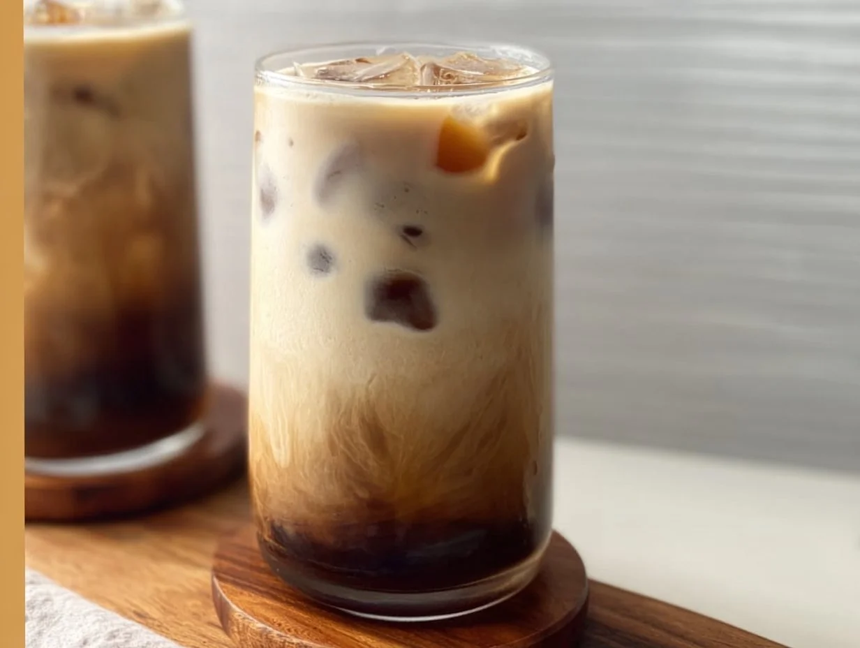 Iced Brown Sugar Latte in a glass with ice and caramel drizzle