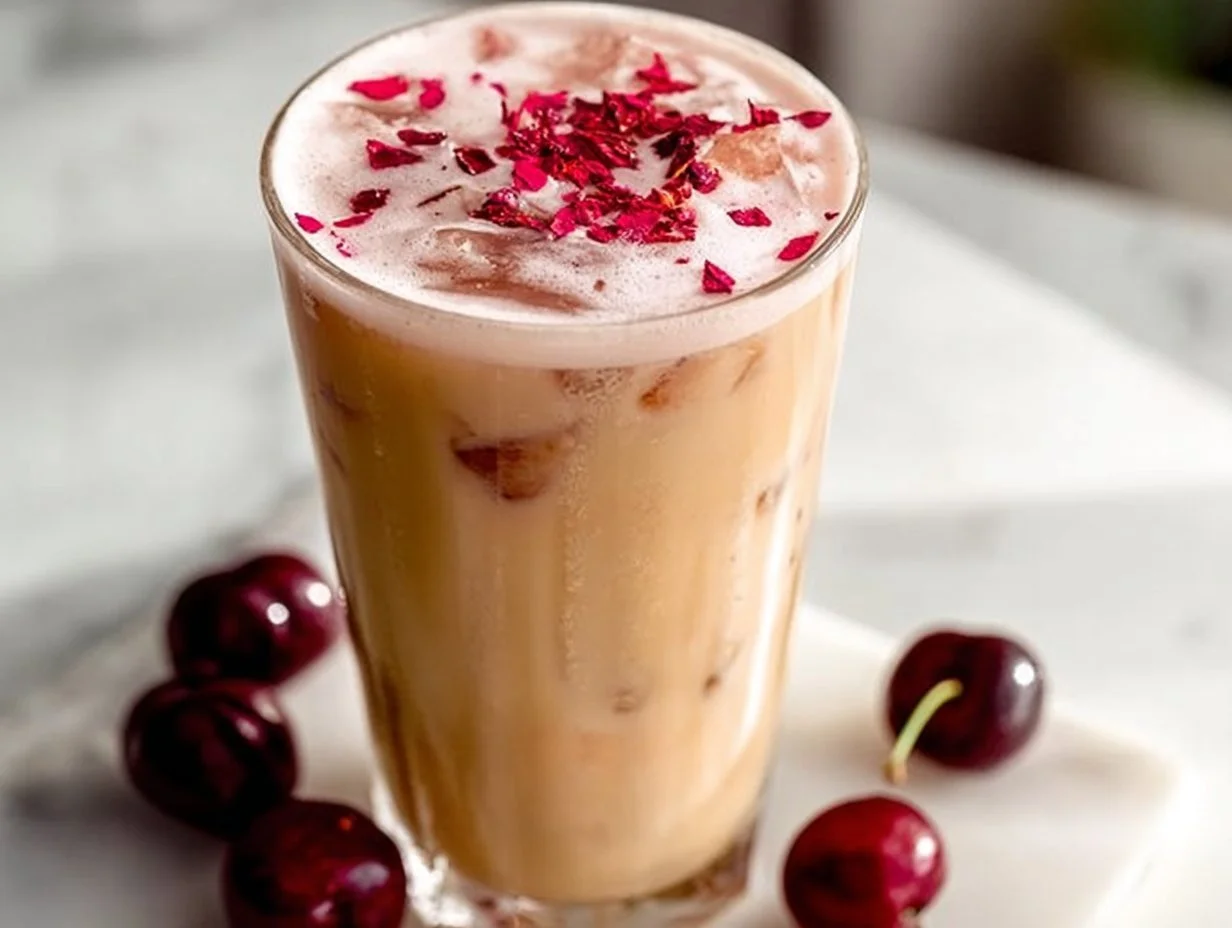 Refreshing Iced Cherry Chai beverage served in a glass with cherries and spices