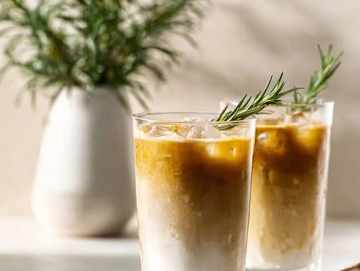 A refreshing Iced Vanilla Rosemary Latte served in a glass with rosemary sprigs and ice.