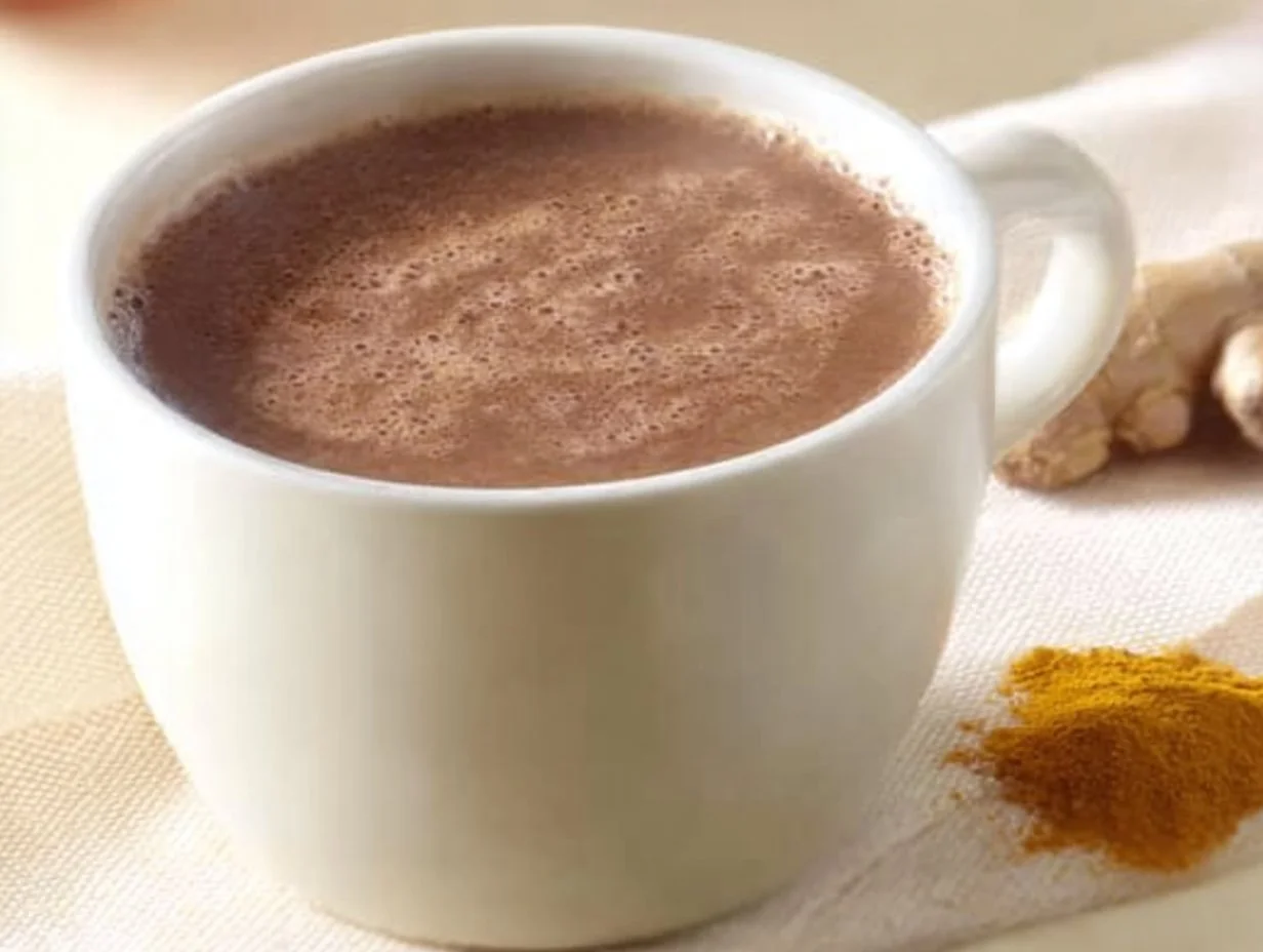 A cup of immunity boosting hot chocolate topped with whipped cream and cocoa.