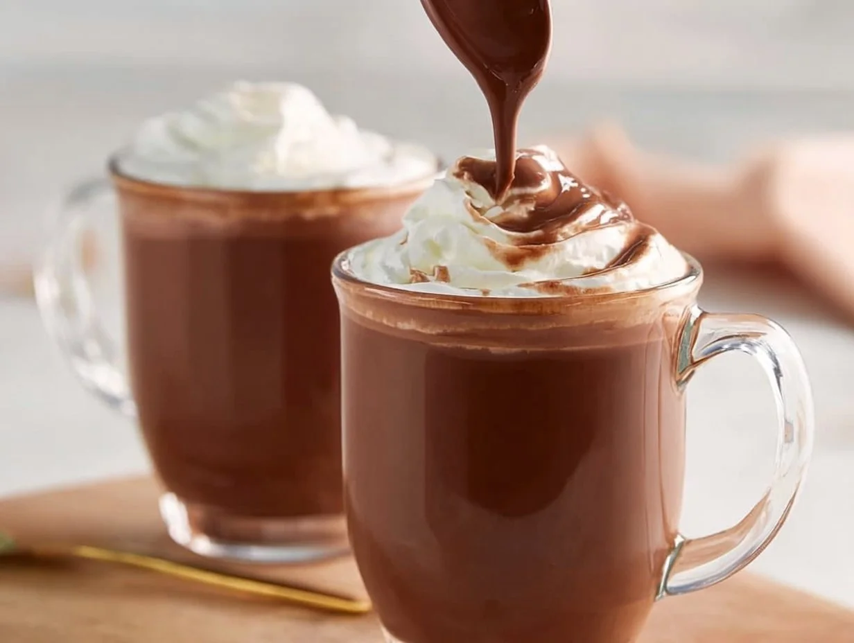 Delicious bowl of creamy Italian hot chocolate topped with whipped cream