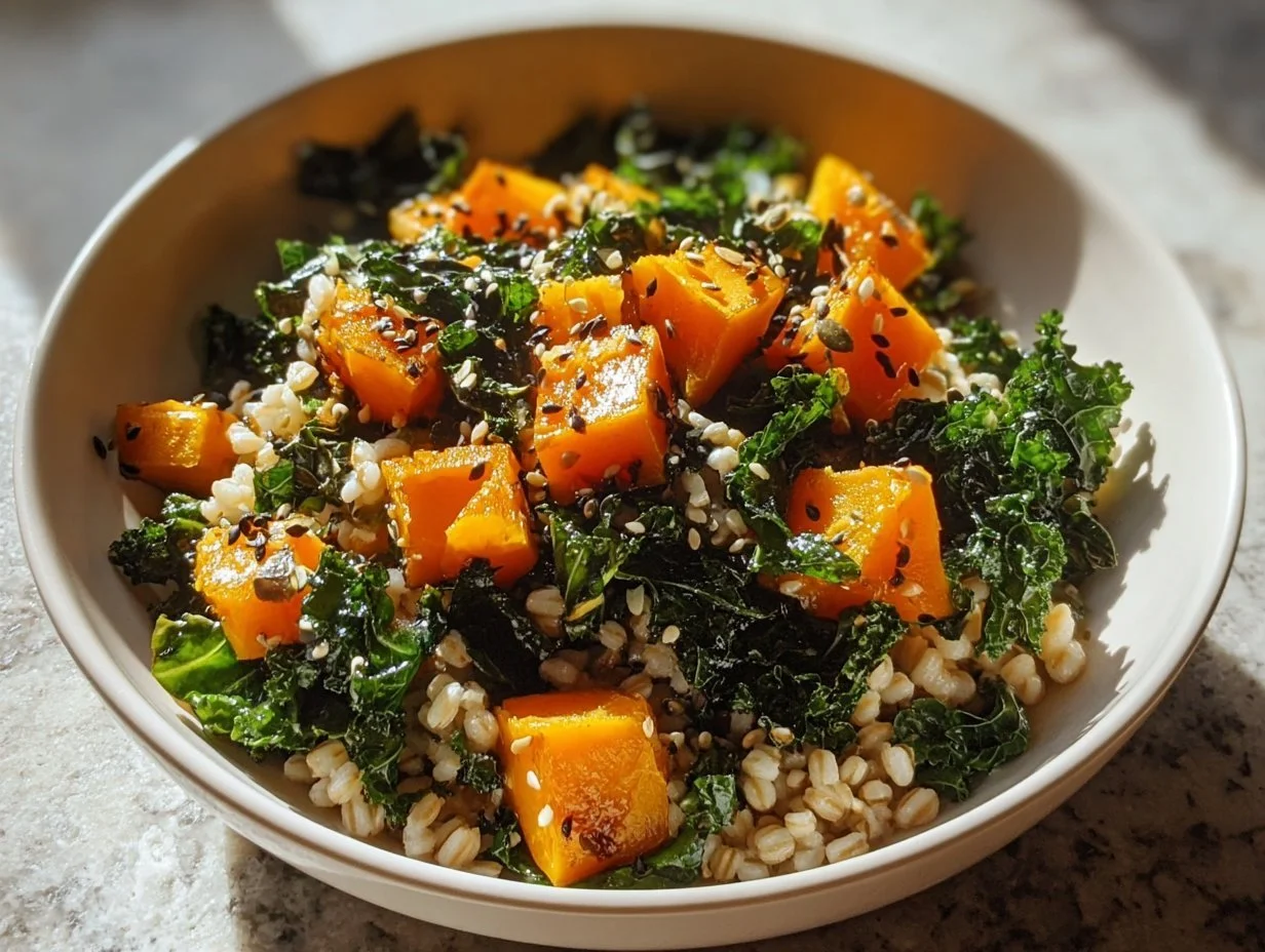 Delicious Kale and Sweet Potato Wild Rice Bowl with vibrant colors and fresh ingredients.