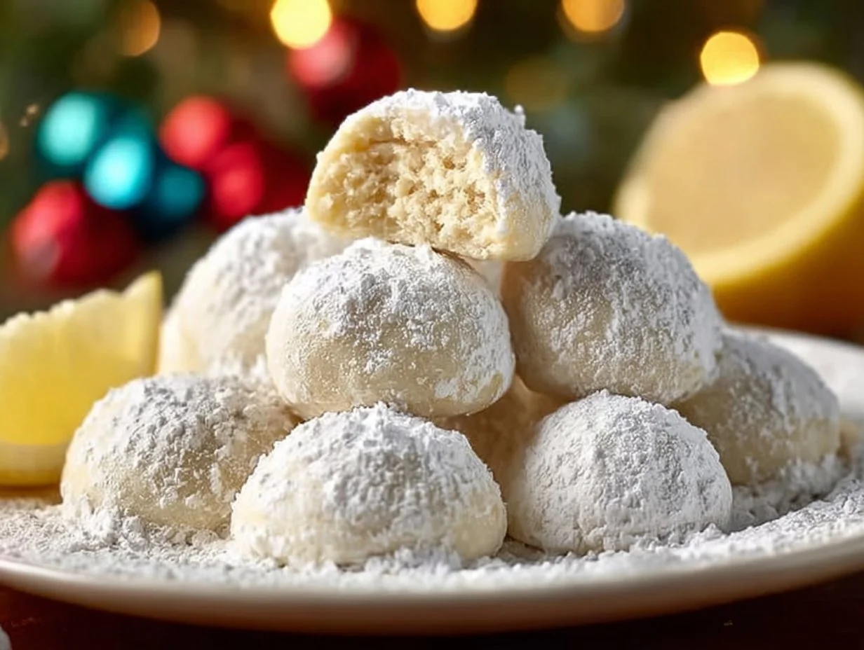 Delicious Lemon Cream Snowball Cookies dusted with powdered sugar