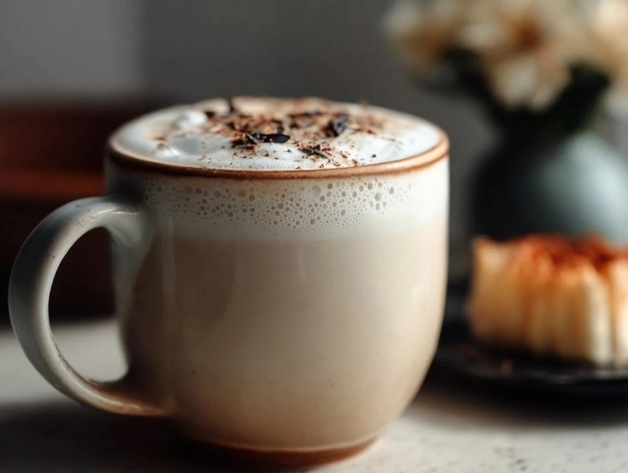 London Fog Tea Latte in a cozy mug with ground cinnamon on top.