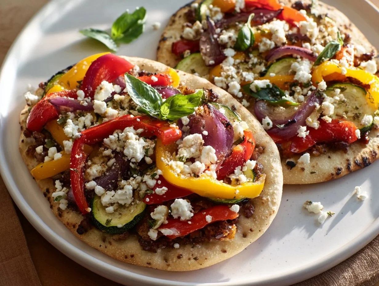 Naan bread pizza with olive tapenade and roasted vegetables