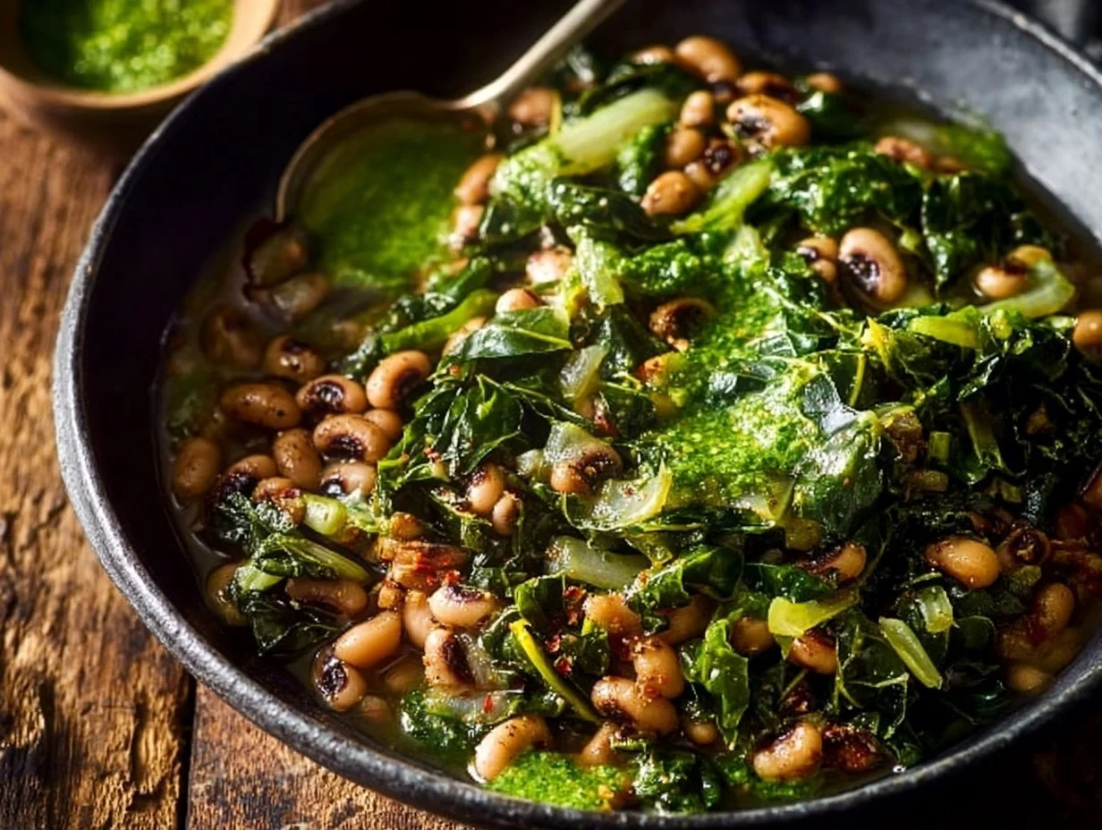 New Year's Day dish featuring black-eyed peas, collard greens, and cornbread.