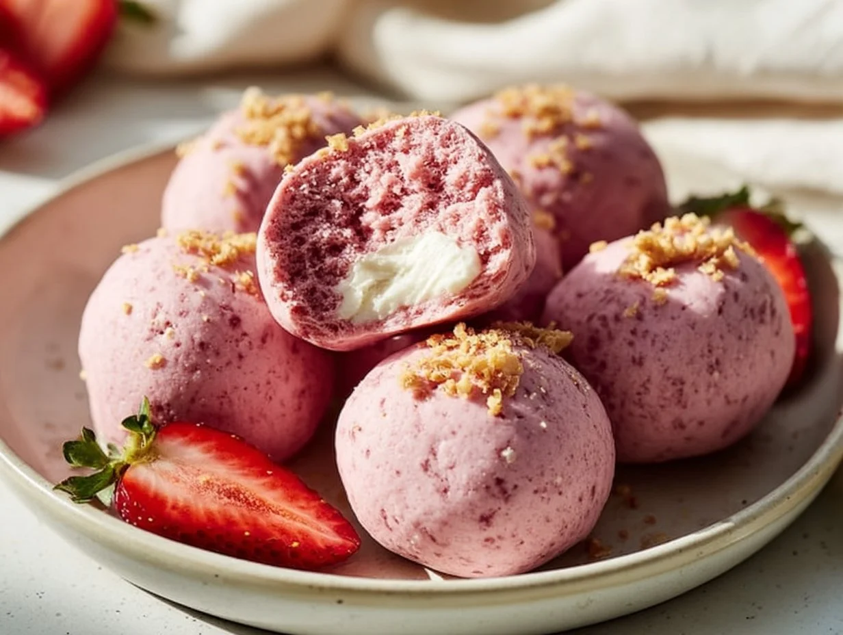 No-Bake Strawberry Cheesecake Protein Balls on a plate