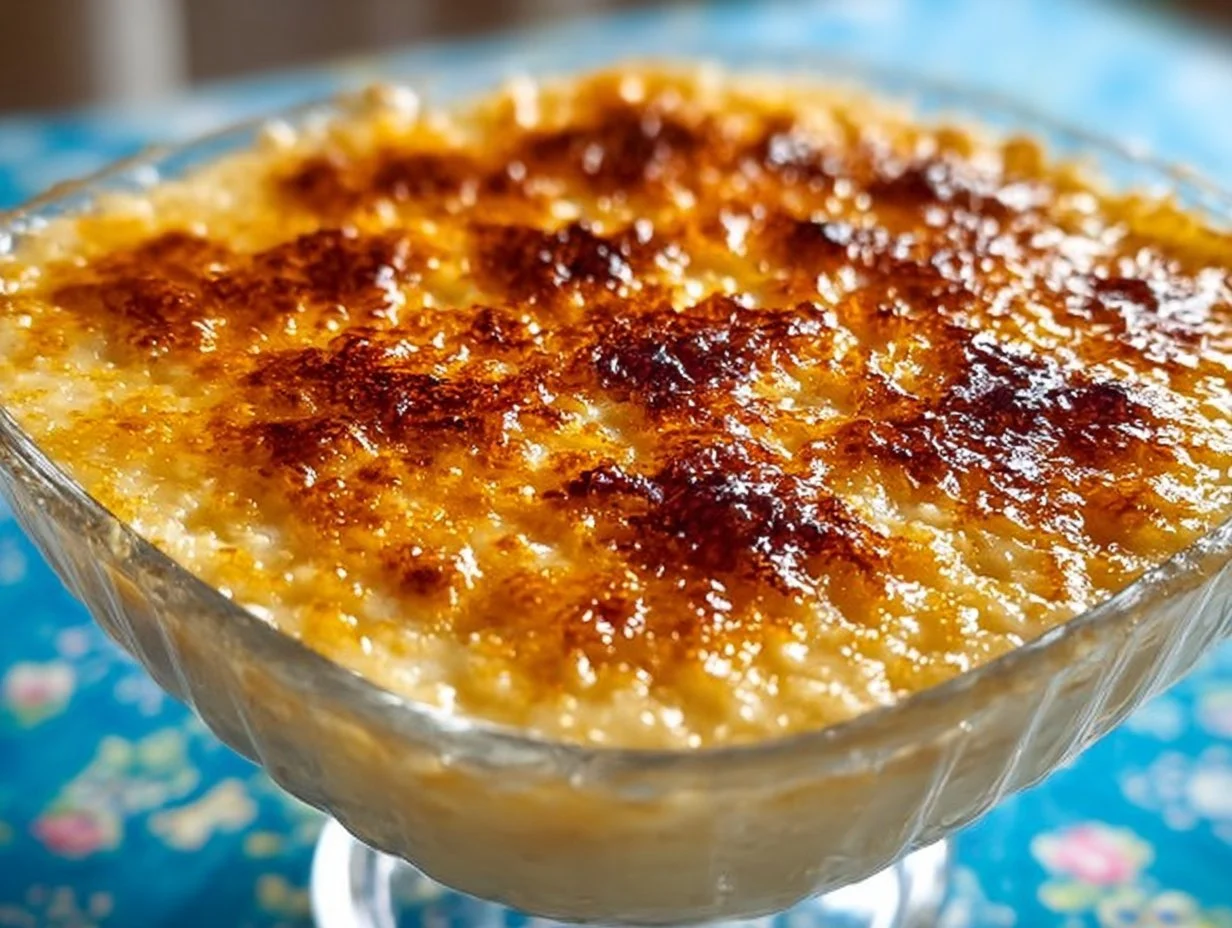 Bowl of old fashioned rice pudding topped with cinnamon and raisins