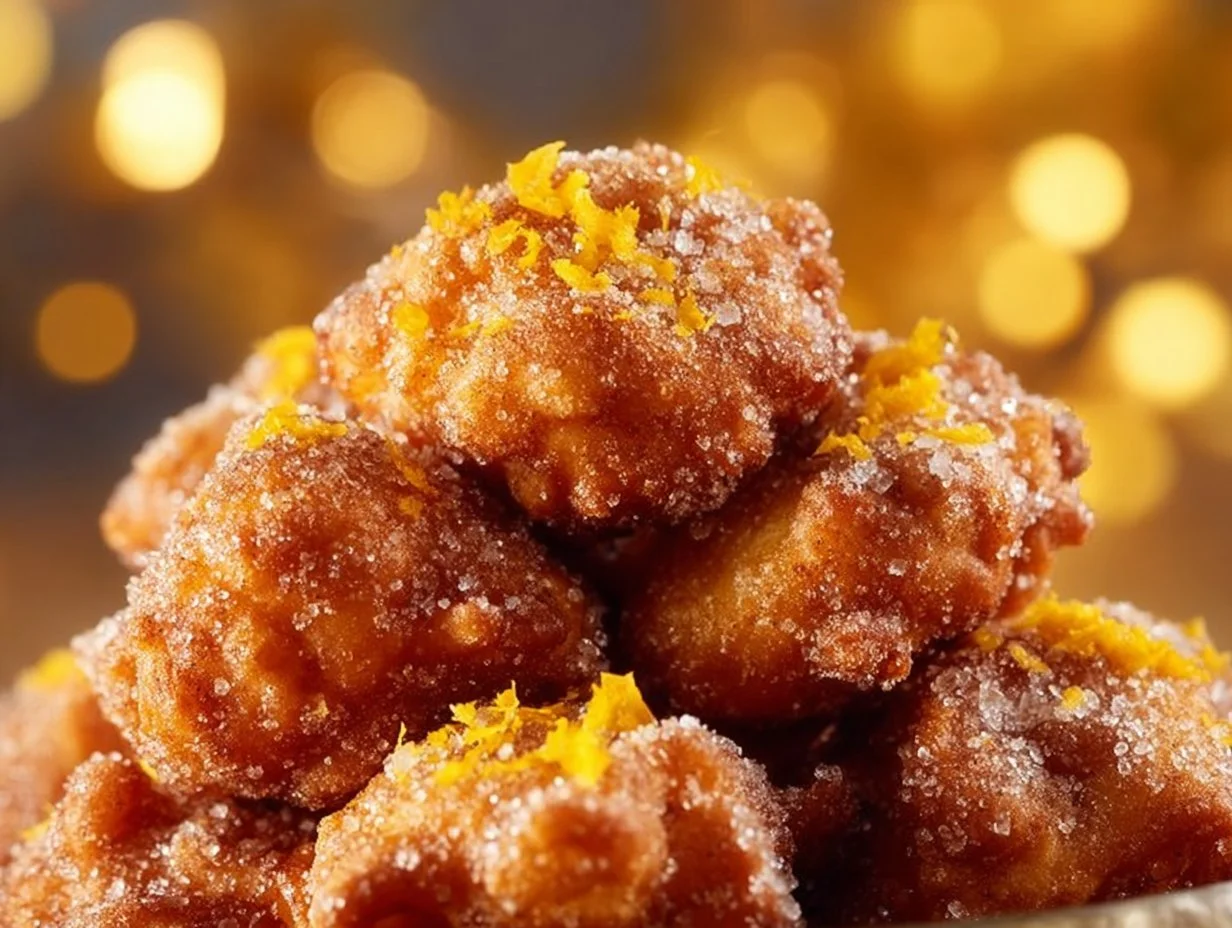 Freshly made Orange Cinnamon Fritters dusted with sugar.
