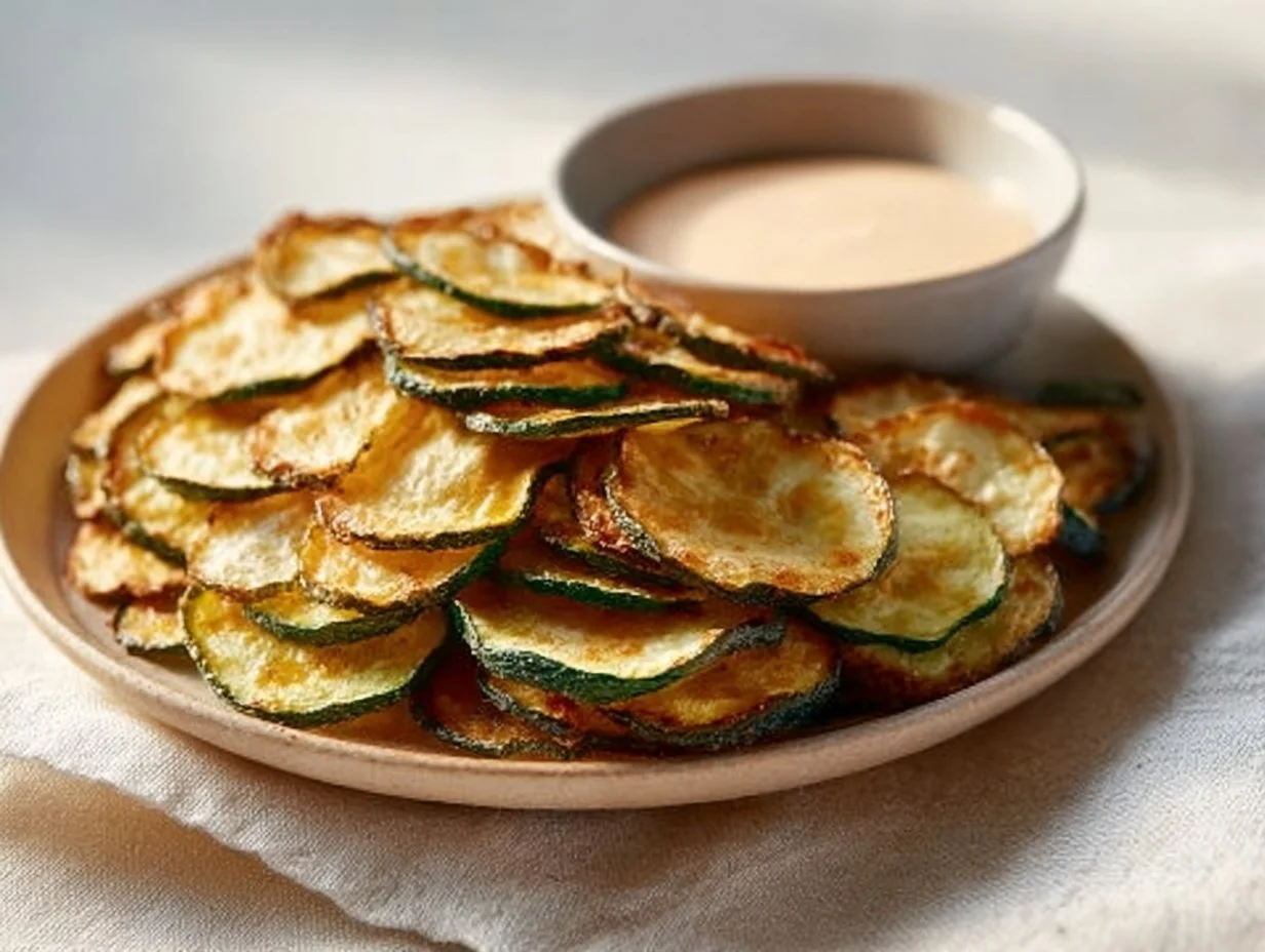 Oven baked zucchini chips seasoned with sea salt on a white plate