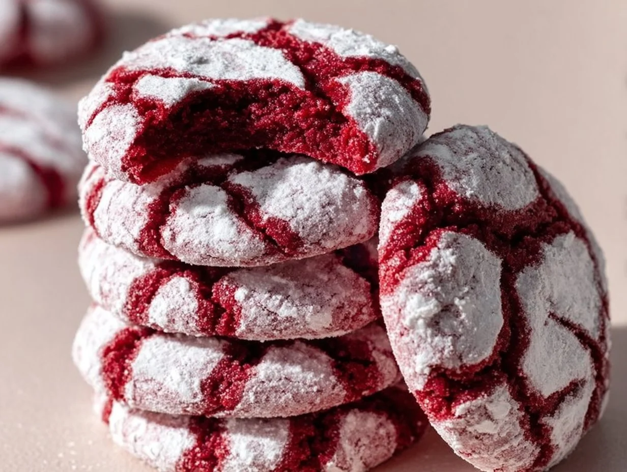 Delicious Red Velvet Crinkle Cookies displayed on a white plate.