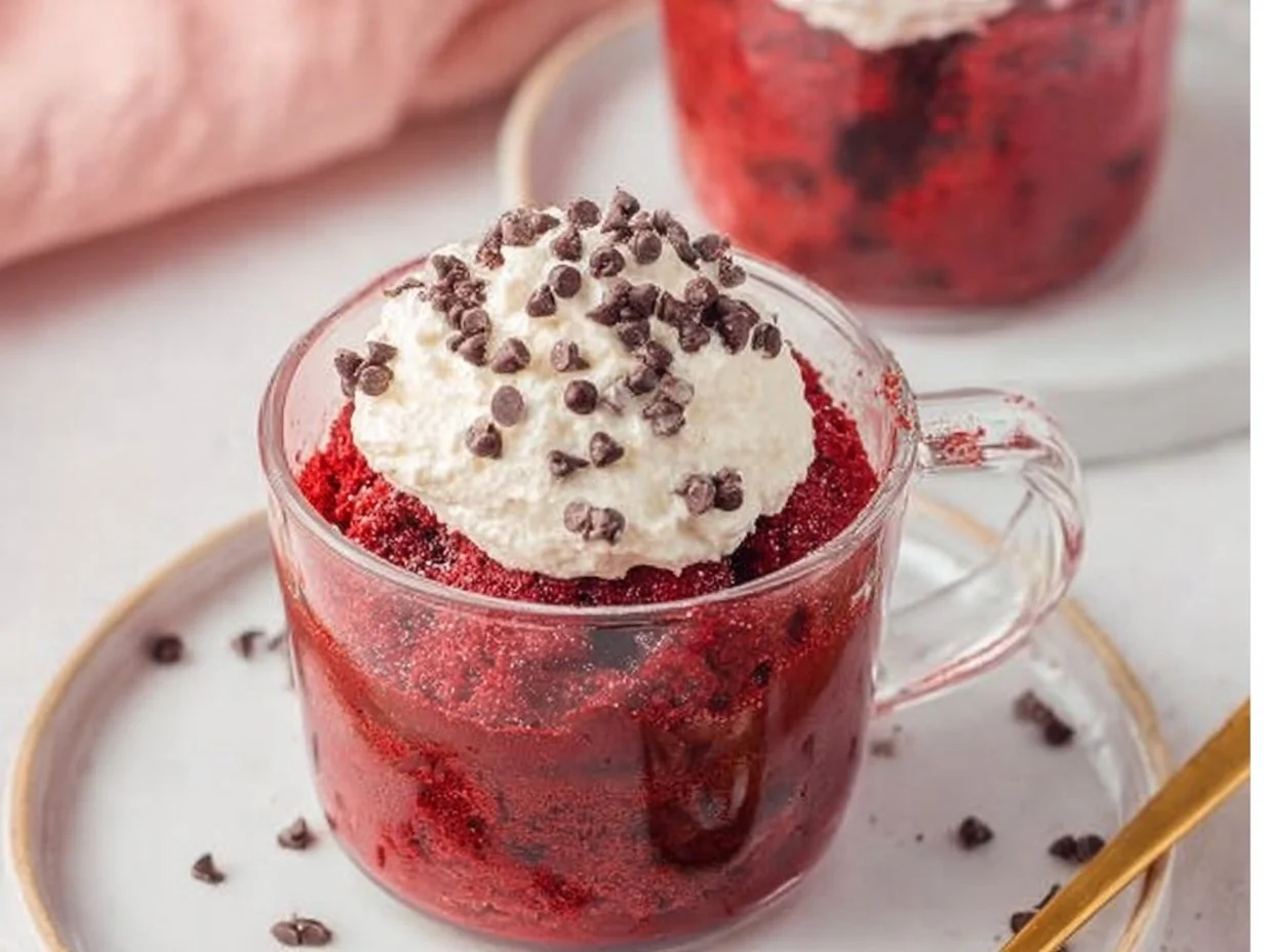 Delicious red velvet mug cake served in a mug with cream cheese frosting.