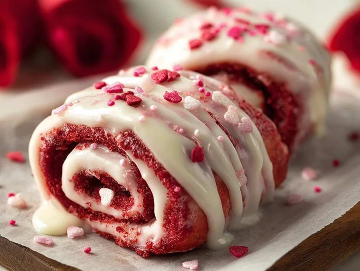 Delicious Red Velvet cinnamon rolls topped with cream cheese icing for Valentine's Day.