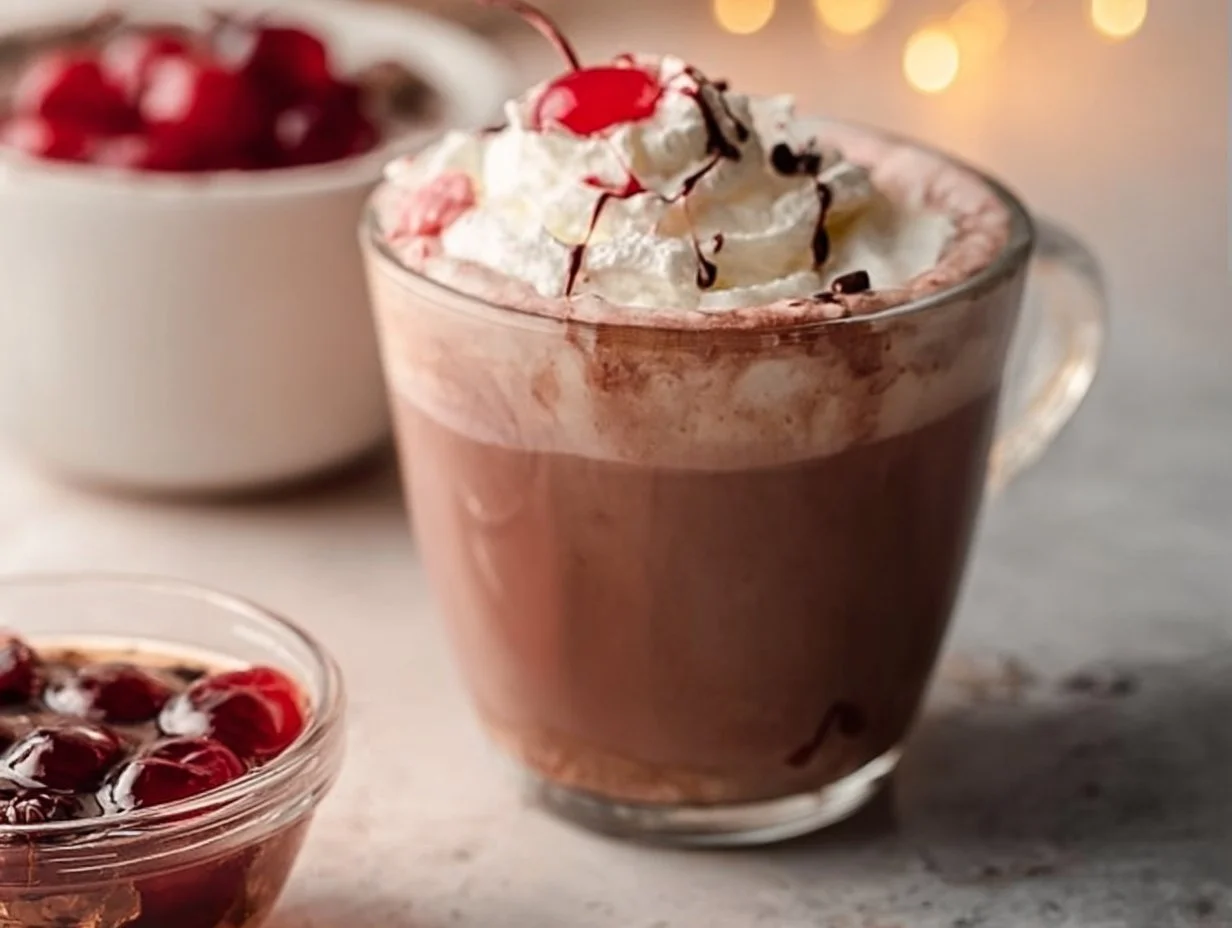 Enjoy the luxurious taste of Slow Cooker Chocolate Covered Cherry Hot Chocolate topped with whipped cream and cherries.