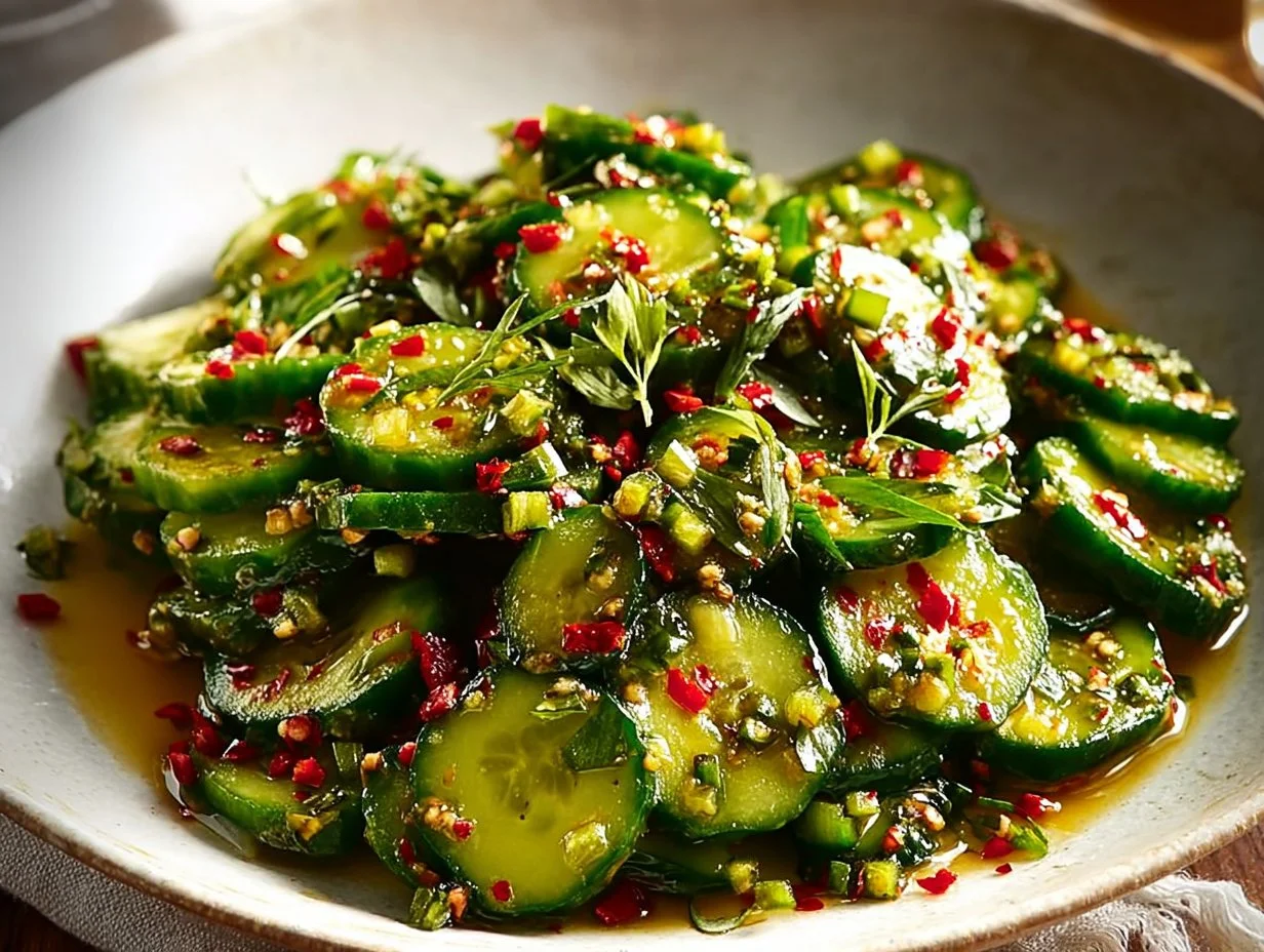 Smashed Asian Cucumber Salad served in a bowl, garnished with herbs