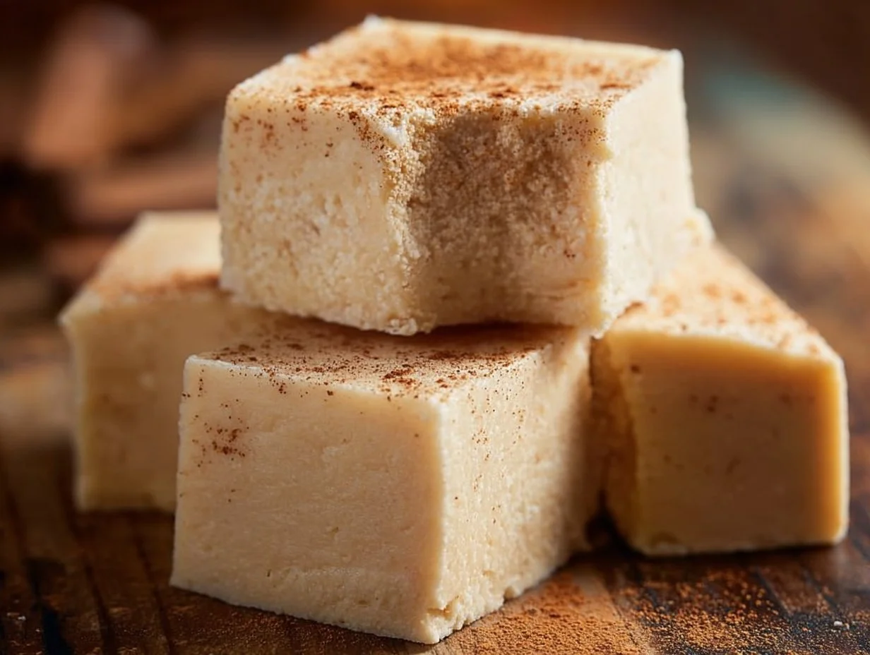 Delicious homemade snickerdoodle fudge with cinnamon and sugar topping