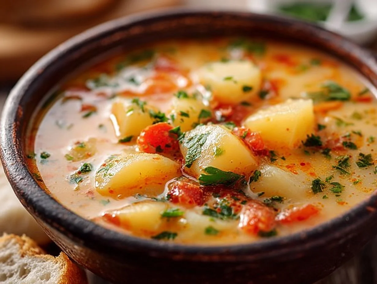 Bowl of spicy Cajun potato soup topped with green onions and served hot.